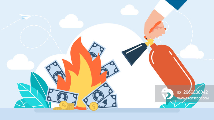 Financial trouble. Businessman with an extinguisher is fighting with the burning money. Economy bankruptcy risk and rapid money value and wealth lost. Burning money. Flat illustration.