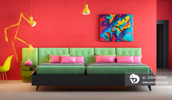 Photo of a cozy living room with a colorful painting on the wall and a comfortable couch