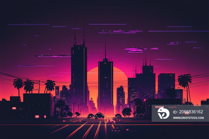 A minimalistic silhouette painting of a synthwave city night.