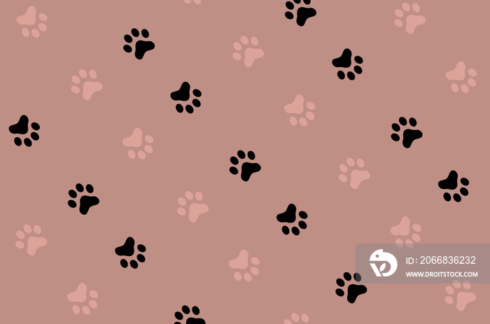 Colorful pattern of cat paws on brown background. Seamless pattern with cat paw. Dog, cat footprint background