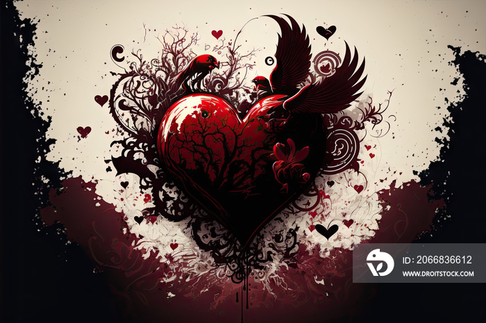 red heart art with bird wing love valentine’s day illustration