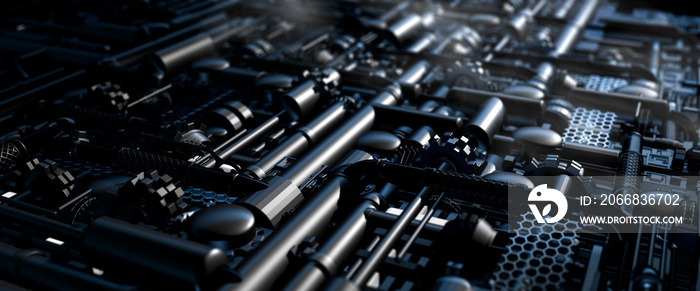 Industrial machinery made from pipes and gears in a science fiction style 3d render