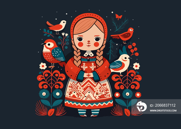 Norwegian folk art style illustration of a woman with birds. Swedish and Norwegian motives