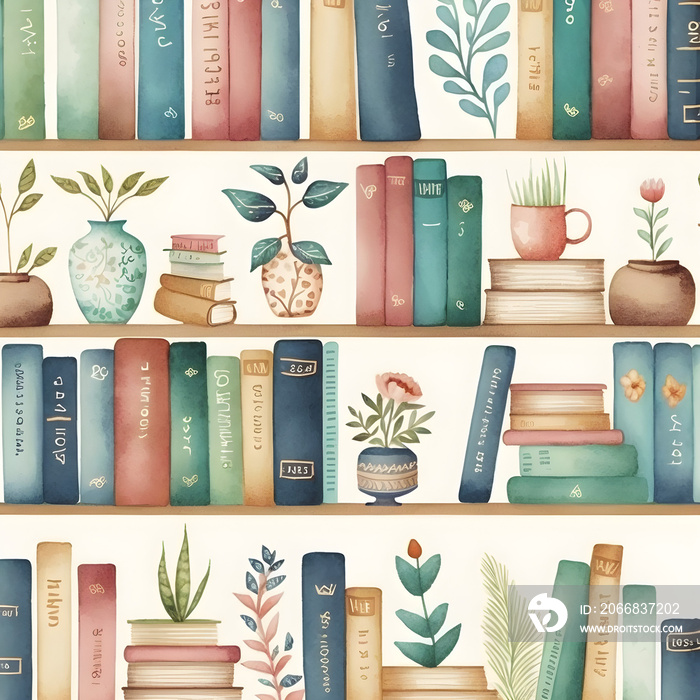 seamless pattern, flat wallpaper, small duplicate designs of a book shelf, watercolor generative ai