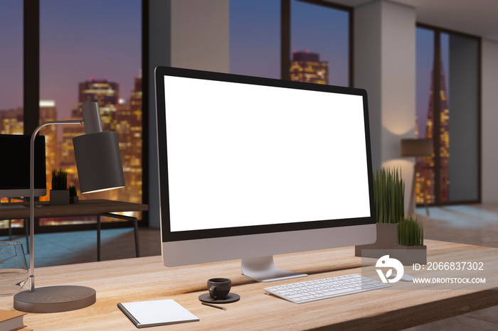 Close up of designer office desktop with empty white computer monitor, window with night city view, decorative items and supplies. Mock up, 3D Rendering.