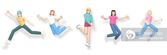 3D rendering set of a young, happy, cheerful girl character jumping and dancing isolate on a white background. Abstract minimal concept youth, teamwork, happiness, success, victory.