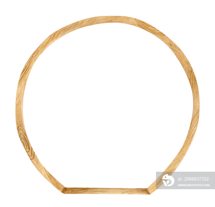 Watercolor wooden round archway. Hand drawn wedding arch with wood texture isolated on white. Geometric frame decoration, rustic natural design, bohemian eco decor illustration.