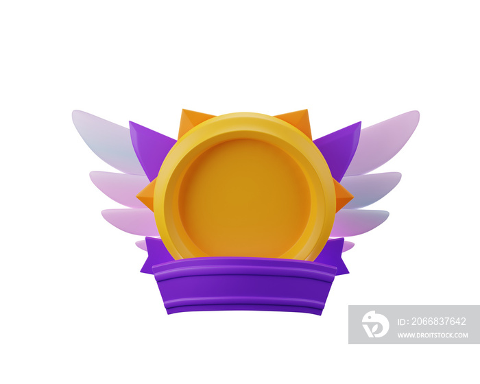 3D game badge, avatar circle , medieval fantasy ranking icon render, spread wings, crown. Player winner award, UI mobile RPG victory reward medal, ribbon. Game badge achievement template