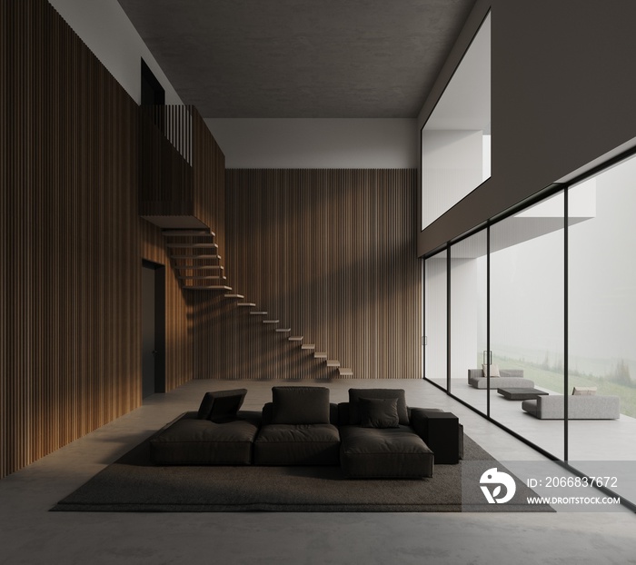 Modern open plan living room or hotel, black sofa, natural oak acoustic slat wood panel on the wall. Stair for second floor, wooden stair. Two story room. Panoramic floor to ceiling windows. 3d render