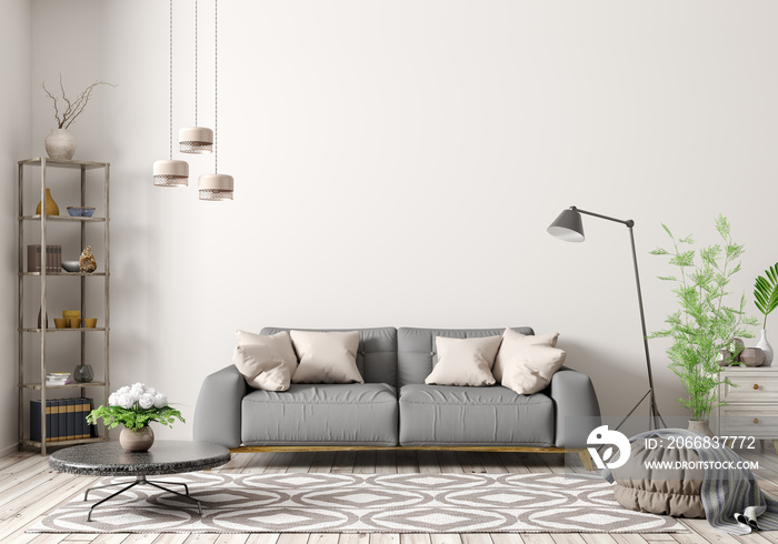 Interior of modern living room with grey sofa 3d rendering