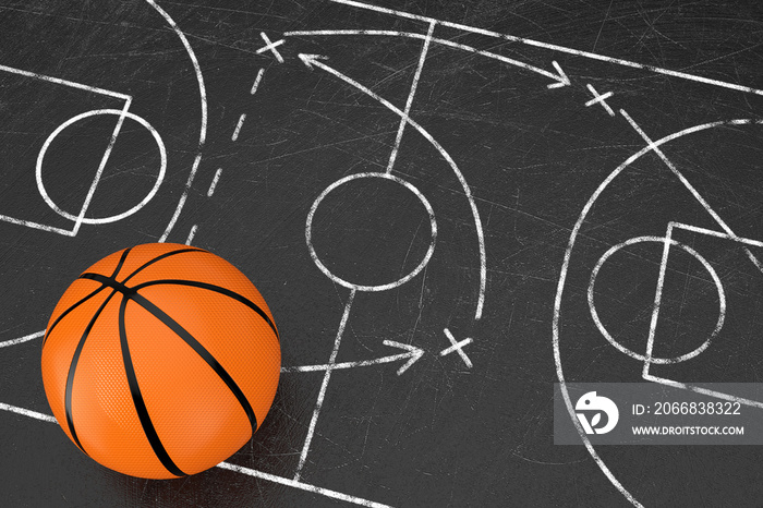 Basketball Tactics Concept. Basketball Ball over Black Chalkboard with Basketball Court and Game Strategy and Tactics Scheme. 3d Rendering