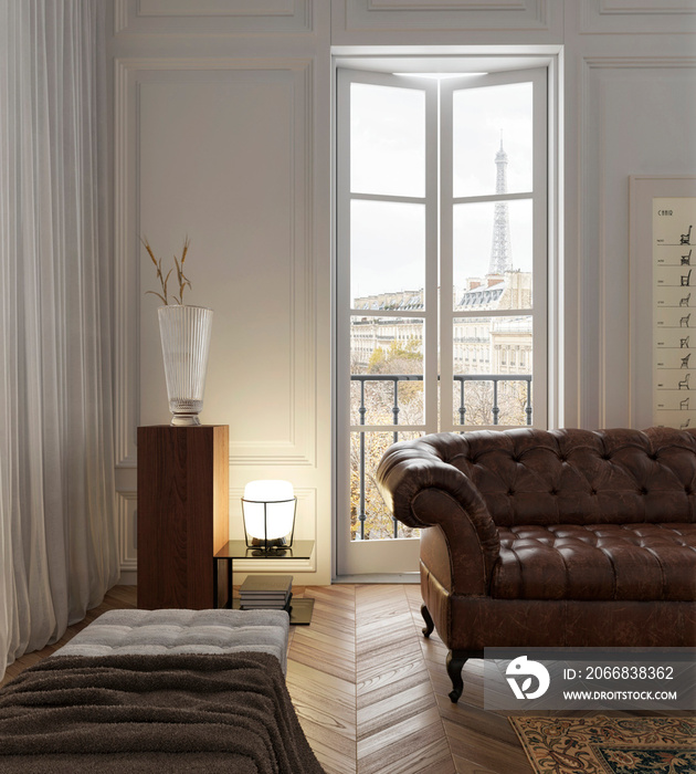 Elegant white luxury living Paris, sofa wood floor 3D Classic