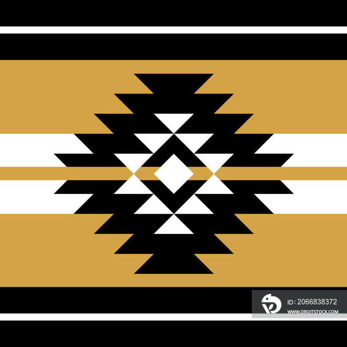 Aztec ethnic bohemian pattern with geometrical shapes in white, black and mustard colors on striped background