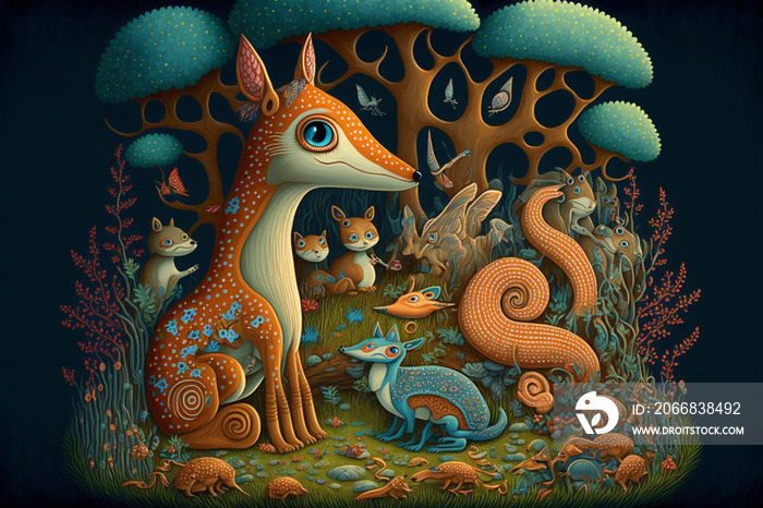 Animal creatures in a forest. Fantasy, fairytale illsutration