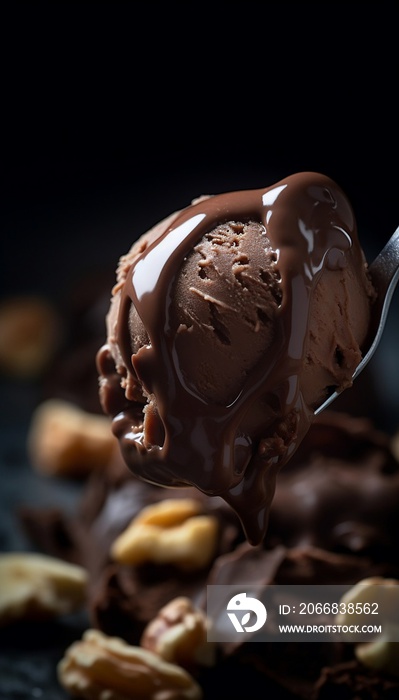 Chocolate with Nuts Ice Cream Scoop with Icing on Black Background