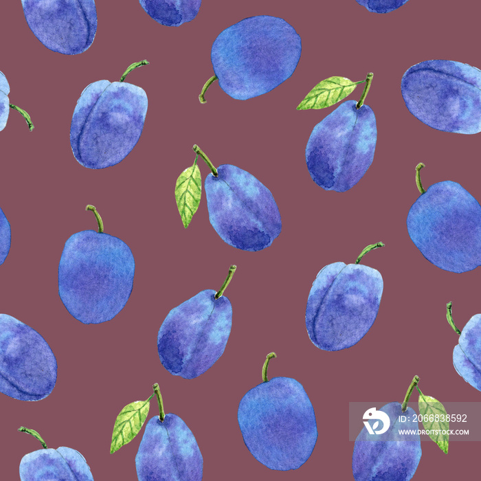 Beautiful seamless pattern with hand drawn watercolours plums. On background. Illustration with fruits.