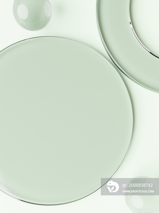 3D Rendering Geometric or Abstract Shape Pastel Green Acrylic Glass Plates Product Display Background for Summer Healthcare and Skincare Products.