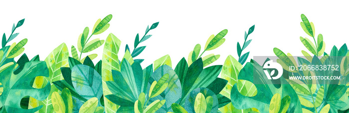 Tropical leaves seamless horizontal background. Jungle watercolor drawings. Cartoon green illustrations  background.