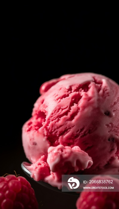 Close up on a Raspberry Ice Cream Scoop on Black Background