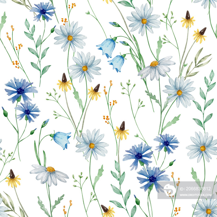 Seamless floral pattern of watercolor wildflowers