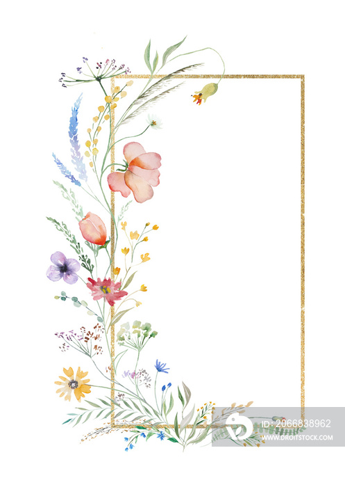 Frame made of watercolor wildflowers and leaves, wedding and greeting illustration