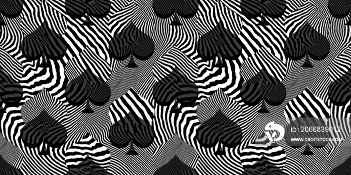 Seamless zebra or tiger stripe spades playing card suit pattern. Black and white Alice in Wonderland psychedelic opart wallpaper design motif. Gaming, gambling or poker abstract background texture.