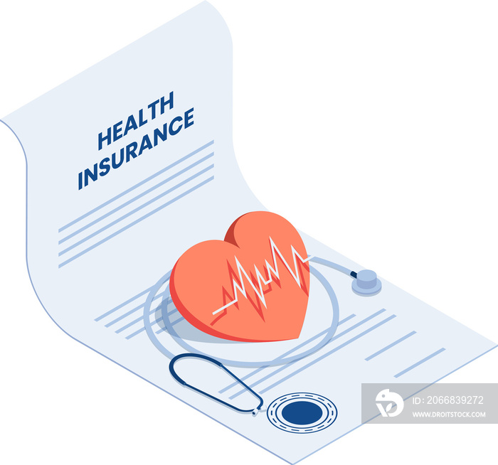 Isometric heart and stethoscope on health insurance contract document