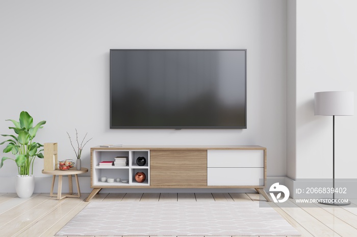 TV on the cabinet in modern living room with plant on white wall background.