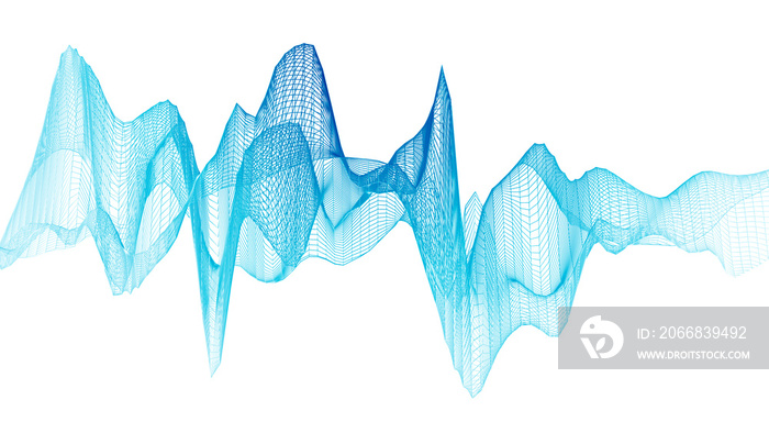 Faded blue gradient abstract wireframe sound wave, visualization of frequency signals audio wavelengths, conceptual futuristic technology waveform isolated on white background