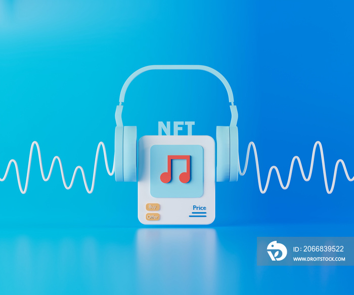 3d rendering concept NFT or non fungible token for music with sound wave on blue background.