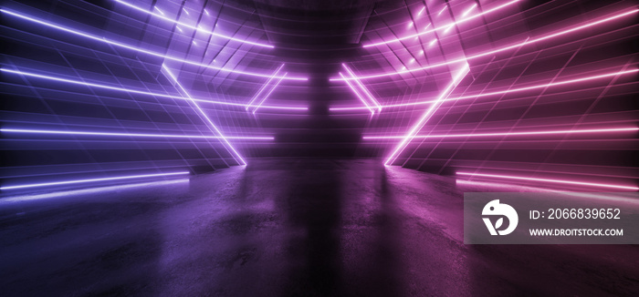 Neon Oval Sci Fi Retro Modern Glowing Laser Electric Alien Spaceship Tunnel Garage Corridor Hangar Purple Blue Concrete Glossy background 3D Rendering