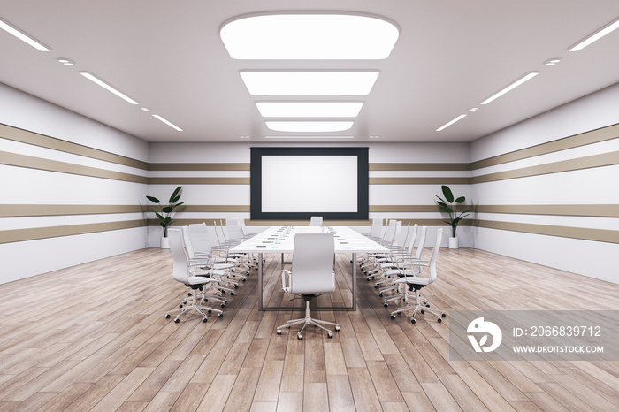 Modern wooden meeting room interior with blank white mock up presentation poster and furniture. 3D Rendering.