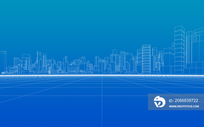 Empty grid floor for the development project. 3d rendering of abstract wireframe cityscape with a blue gradient background.