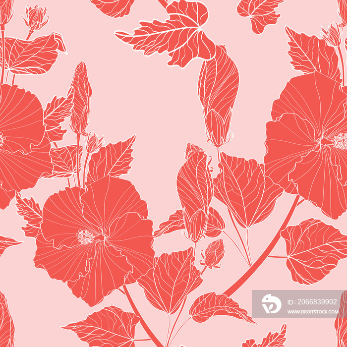 Floral seamless pattern. Hibiscus flowers, buds, various plants, foliage, line red branches.