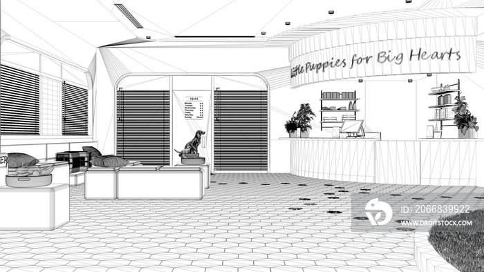 Blueprint project draft, veterinary clinic. Waiting room with sitting benches and pillows, reception desk, terrazzo tiles floor, entrance door with blinds. Interior design concept