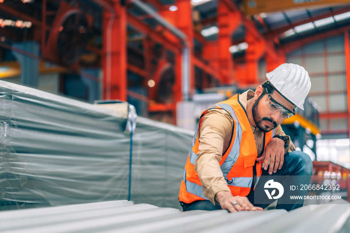 Portrait professional confident Asian man industrial engineer/worker/technician with safety hardhat are check, inspect metal sheet for quality control in production steel manufacture factory plant