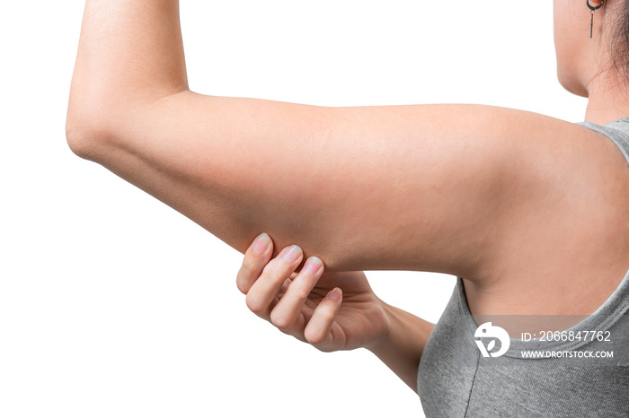 Asian woman pinching arm fat flabby skin isoloate on white background, with clipping path.