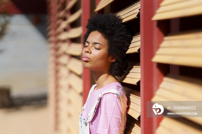 Dreamy black woman enjoying sunny day