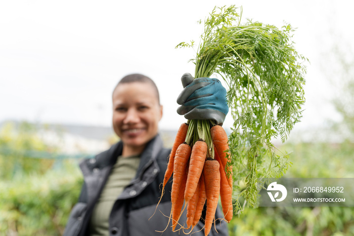 Portrait of smiling woman holding bunch of carrots in urban garden