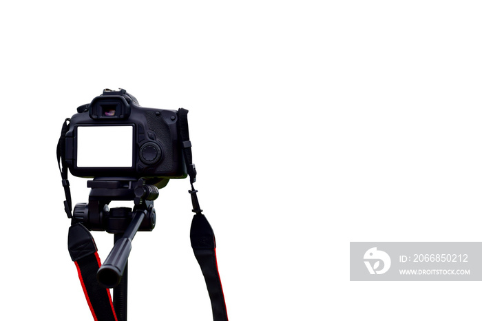 Camera on tripod photographers take clipping path work Isolated white background