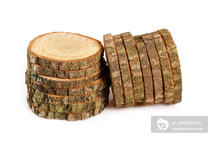 Stack of natural wood slices made from natural pine tree with bark. Isolated on a white background.