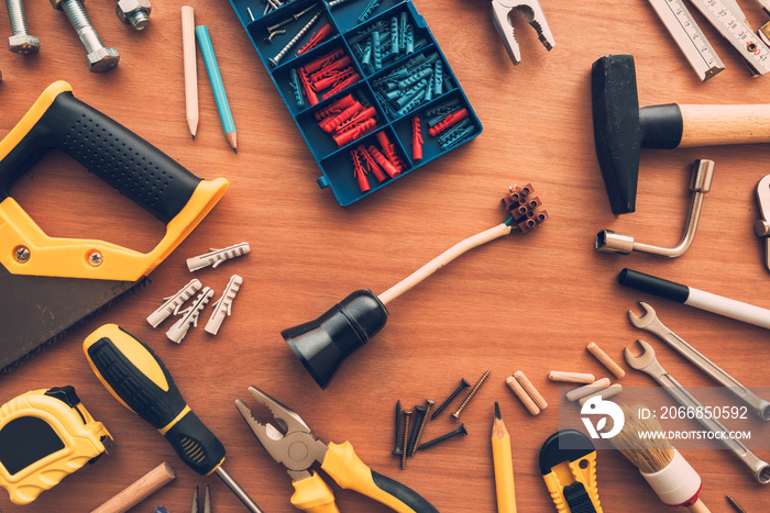 DIY housework tools top view on workshop desk