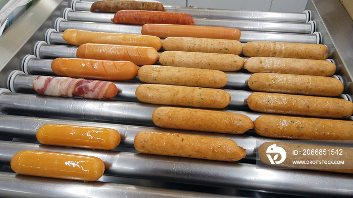 All kind of sausages in sausage rolling grill.