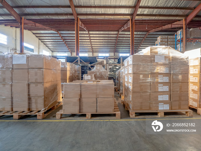 Cartons on the pallet at logistics warehouse.