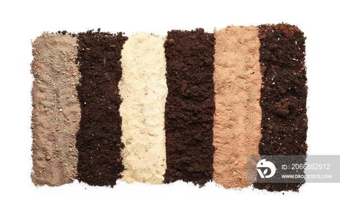 Different types of soil on white background