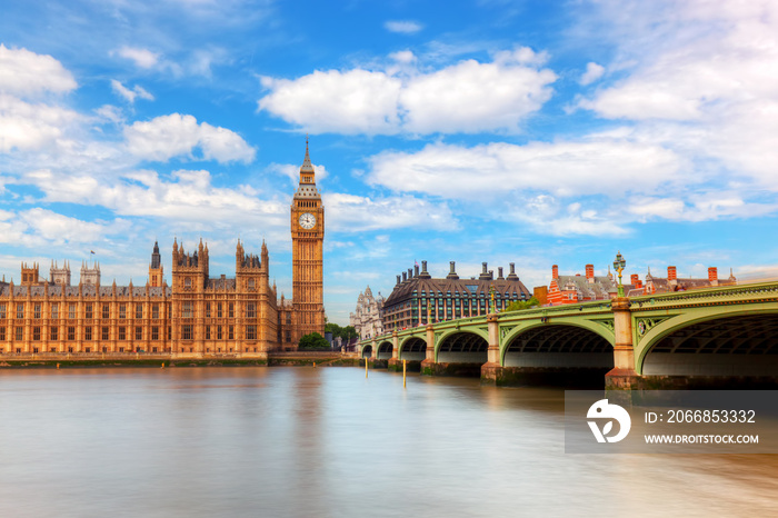 Big Ben, Westminster Bridge on River Thames in London, England, UK