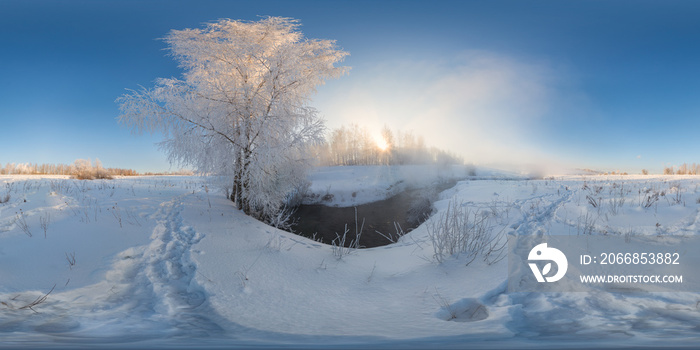 winter morning fog spherical panorama