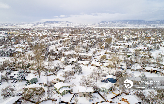 residential neighborhood in winter scenery - aerial view