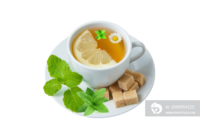 cup of chamomile tea with lemon, mint leaves, sugar transparent