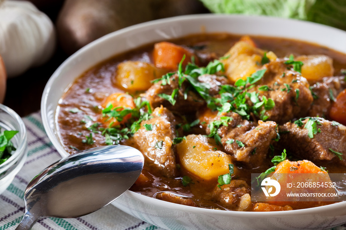 Irish stew made with beef, potatoes, carrots and herbs